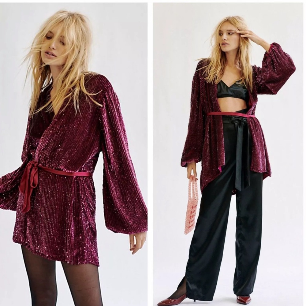 NEW FREE PEOPLE ANNMARIE SEQUINS WRAP DRESS JACKET Z214-1